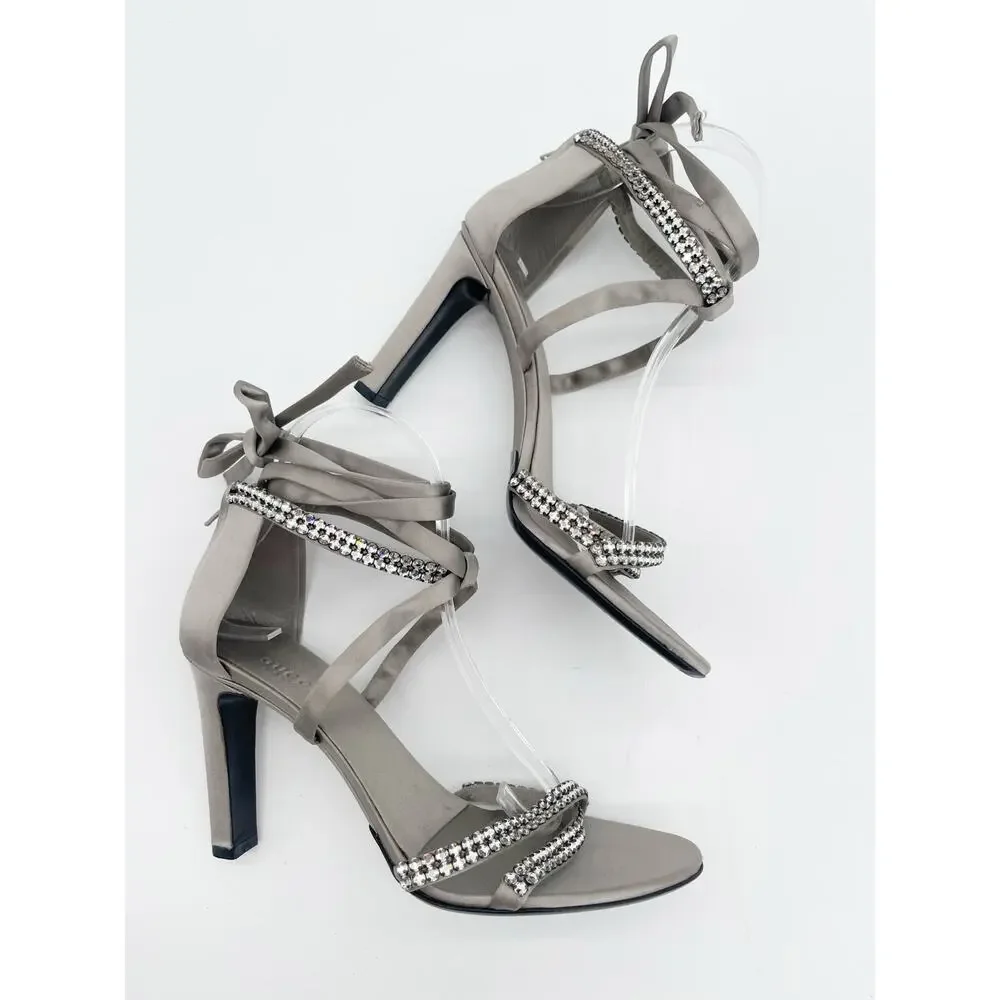 Gucci 2004 Tom Ford Silver Silk Crystal Strap Ankle Wrap Tie Heels Sandals US 8